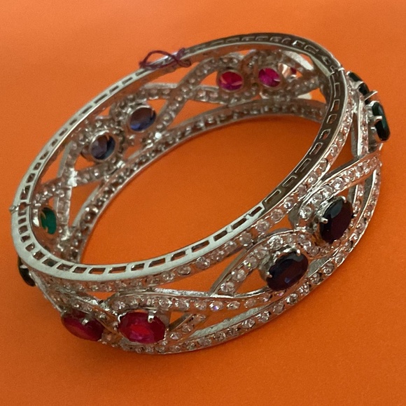NWT Sterling Silver 925 Genuine Ruby/Emerald/Sapphire White Crystal wide bracele - Picture 11 of 15